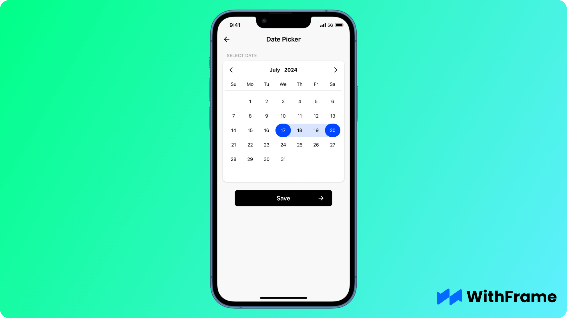 Pre-built Date Picker in React Native showing a range of dates